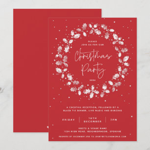 Red Hand Printed Holly Wreath Christmas Party Invitation