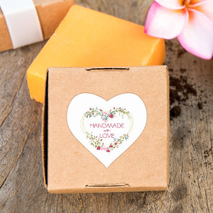 Red Handmade with Love Quote Floral Heart Heart Sticker