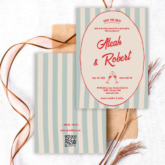 Red Handwriting Blue Stripes Retro Save the Date Invitation