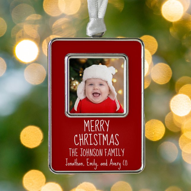Red Handwritten Holiday Photo Annual Keepsake Silver Plated Framed Ornament (Creator Uploaded)