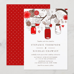 Red Hanging Mason Jars Wedding Invitation