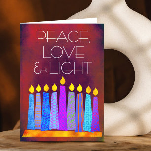 Red Hanukkah Blue Boho Candles Peace Love Light Holiday Card