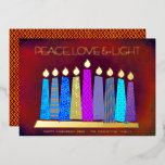 Red Hanukkah Candles Peace Love Light Real Gold<br><div class="desc">“Peace, love & light.” A playful, modern, artsy illustration of boho pattern candles in a menorah helps you usher in the holiday of Hanukkah. Assorted blue candles with colourful real gold foil patterns, real gold foil flames and menorah, overlay a rich, deep burnt red orange textured background. Faux copper diamond...</div>