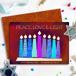 Red Hanukkah Candles Peace Love Light Real Gold<br><div class="desc">“Peace, love & light.” A playful, modern, artsy illustration of boho pattern candles in a menorah helps you usher in the holiday of Hanukkah. Assorted blue candles with colourful real gold foil patterns, real gold foil flames and menorah, overlay a rich, deep burnt red orange textured background. Faux copper diamond...</div>