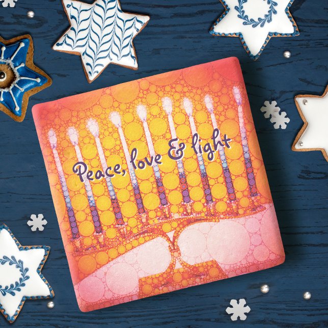 Red Hanukkah Menorah Peace Love Light Script Bold Stone Coaster (Creator Uploaded)