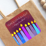 Red Hanukkah Peace Love Light Blue Boho Candles Square Sticker<br><div class="desc">“Peace, love & light.” A playful, modern, artsy illustration of boho pattern candles helps you usher in the holiday of Hanukkah. Assorted blue candles with colourful faux foil patterns overlay a rich, deep burnt red orange textured background. Feel the warmth and joy of the holiday season whenever you use this...</div>