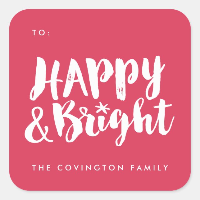 Red Happy and Bright Square Gift Tag Stickers (Front)