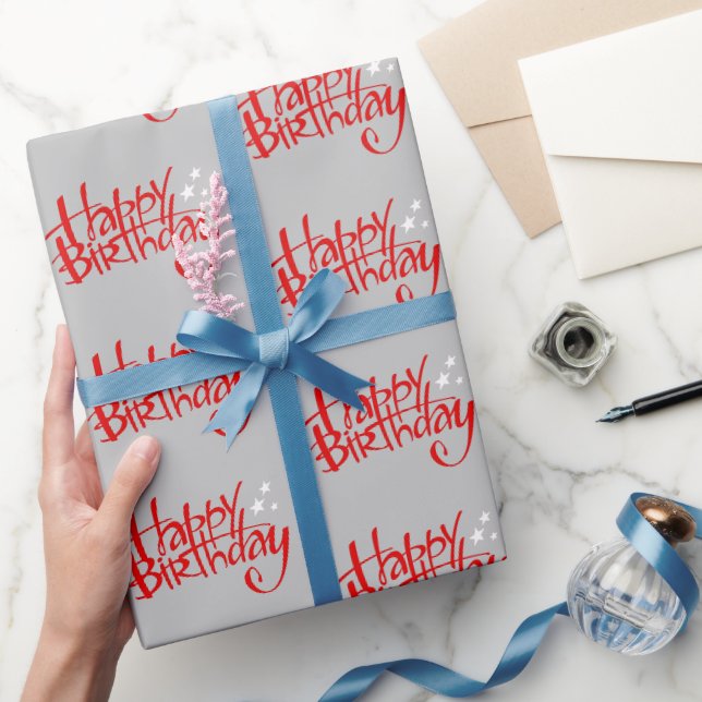 Red Happy Birthday on Grey Wrapping Paper (Gifting)