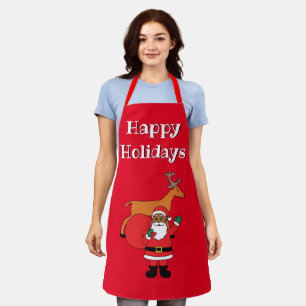 Red Happy Holidays African American Santa Claus Apron