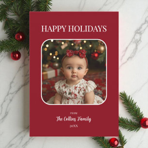 Red Happy Holidays Baby Photo Minimalist Christmas Holiday Card