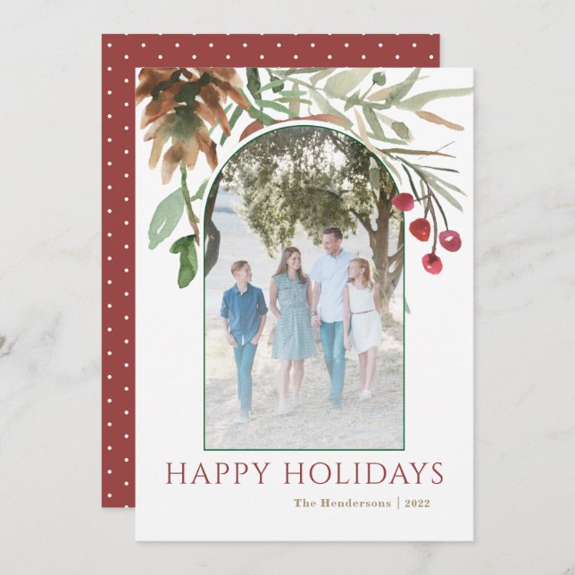 Red Happy Holidays Christmas Berries Photo Card (Front/Back)
