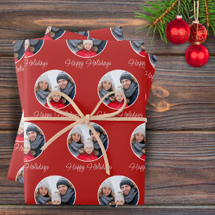 Red Happy Holidays Family Photo Christmas Wrapping Paper Sheet