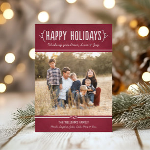 Red Happy Holidays Joy Love Peace Wishes Photo Holiday Card