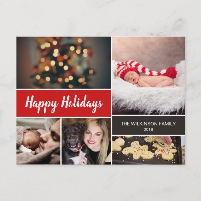Red Happy Holidays Photo Collage Christmas Holiday Postcard (Front)