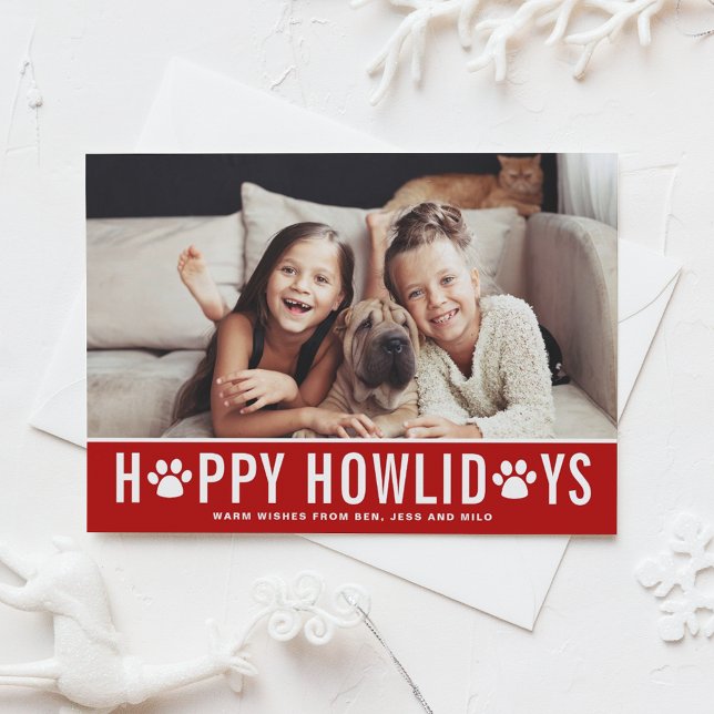 Red Happy Howlidays Modern Typography Pet Holiday Card (Creator Uploaded)