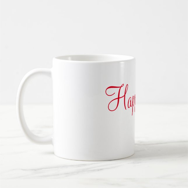 Red happy vibes holiday simple minimal calligraphy coffee mug (Left)