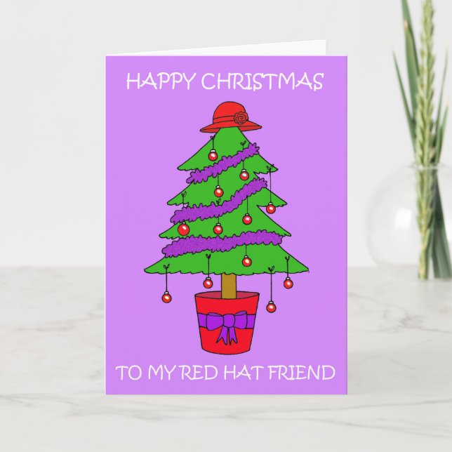 Red Hat Christmas Tree Cartoon Card (Front)