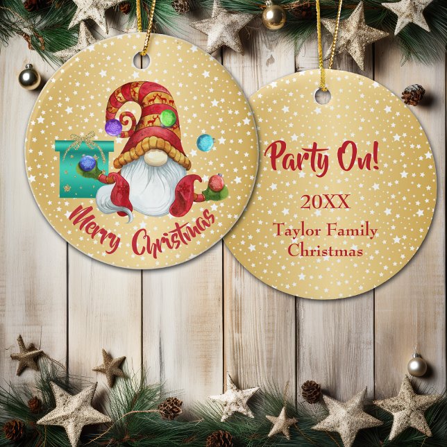 Red Hat Juggling Gnome Gold Star Background Ceramic Tree Decoration (Creator Uploaded)