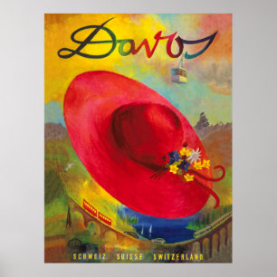 Red hat over summer mountain scenery, Davos Poster