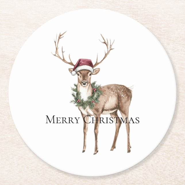Red Hat Reindeer Christmas Round Paper Coaster (Front)