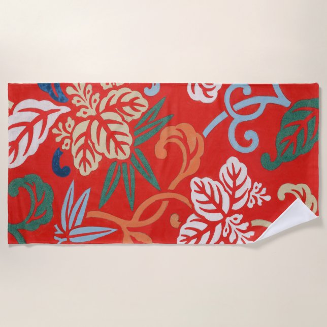 Red Hawaiian Japanese Kimono: Vintage Floral Beach Towel (Front)
