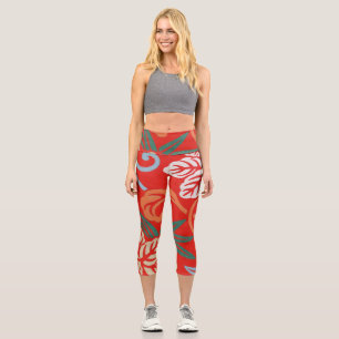 Red Hawaiian Japanese Kimono: Vintage Floral Capri Leggings