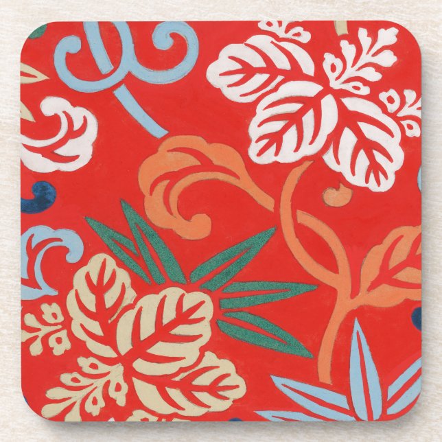 Red Hawaiian Japanese Kimono: Vintage Floral Coaster (Front)