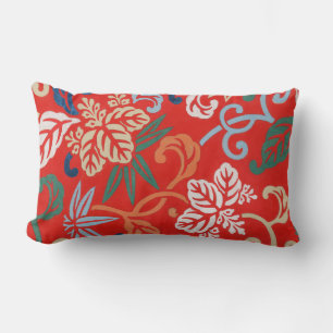 Red Hawaiian Japanese Kimono: Vintage Floral Lumbar Cushion