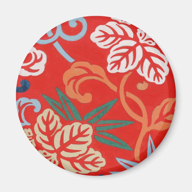 Red Hawaiian Japanese Kimono: Vintage Floral Magnet (Front)