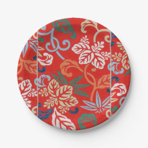 Red Hawaiian Japanese Kimono: Vintage Floral Paper Plate
