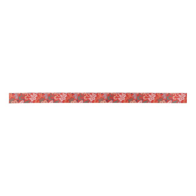 Red Hawaiian Japanese Kimono: Vintage Floral Satin Ribbon (Front)