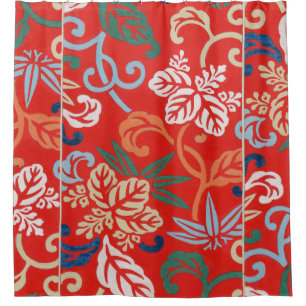 Red Hawaiian Japanese Kimono: Vintage Floral Shower Curtain