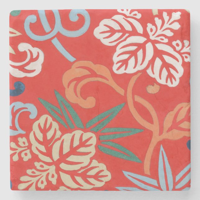 Red Hawaiian Japanese Kimono: Vintage Floral Stone Coaster (Front)