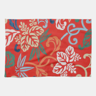 Red Hawaiian Japanese Kimono: Vintage Floral Tea Towel