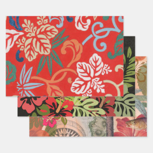 Red Hawaiian Japanese Kimono: Vintage Floral Wrapping Paper Sheet