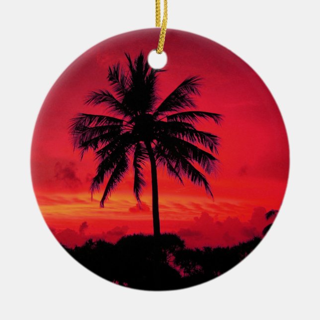 Red Hawaiian Sunset Exotic Palm Trees Ceramic Tree Decoration (Front)