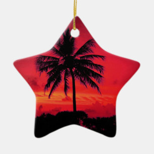 Red Hawaiian Sunset Exotic Palm Trees Ceramic Tree Decoration