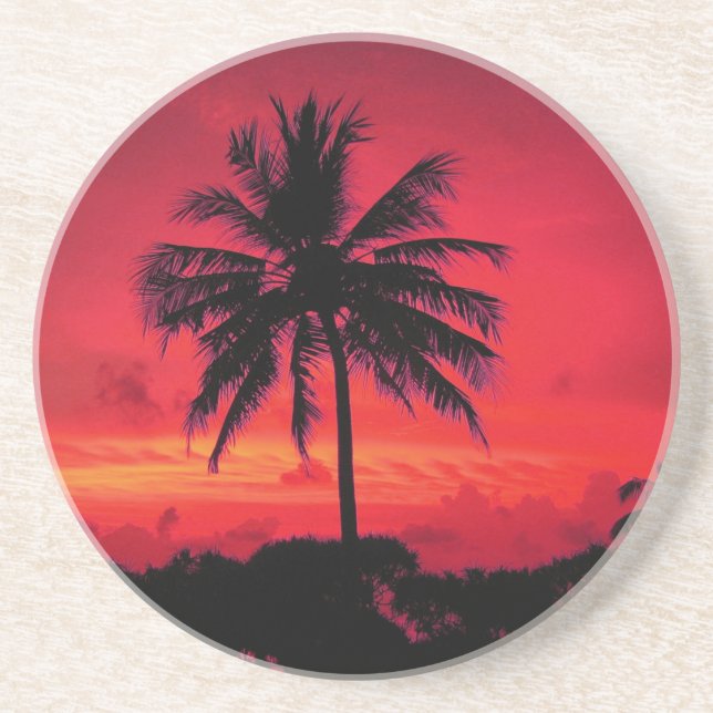 Red Hawaiian Sunset Exotic Palm Trees Coaster (Front)