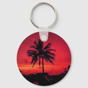 Red Hawaiian Sunset Exotic Palm Trees Key Ring