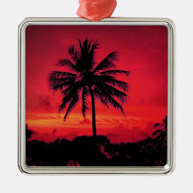 Red Hawaiian Sunset Exotic Palm Trees Metal Tree Decoration (Front)