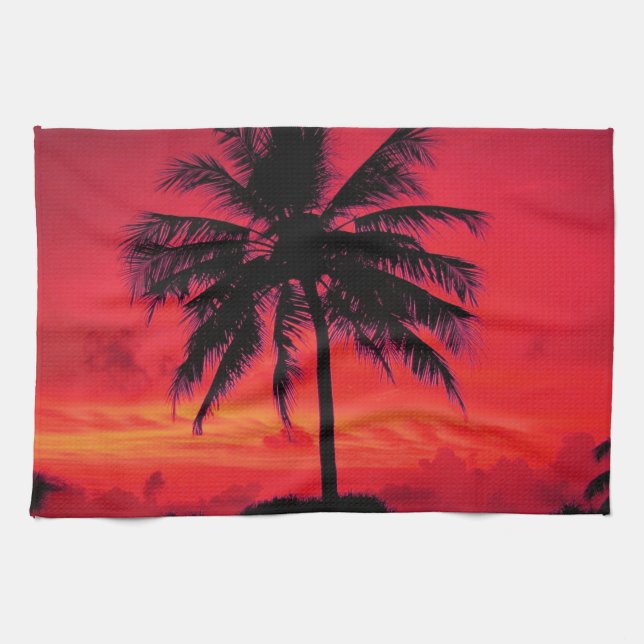 Red Hawaiian Sunset Exotic Palm Trees Tea Towel (Horizontal)