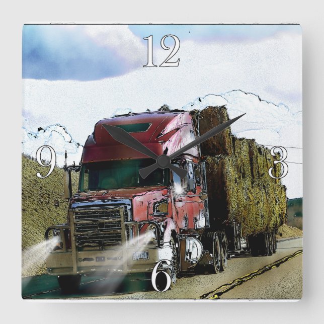 Red Hay Delivery Truck - Lorry and Highway Art Square Wall Clock (Front)