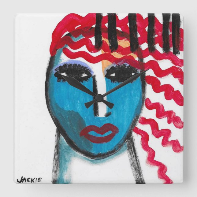 Red Head Abstract Decorative Art Square Wall Clock (Front)