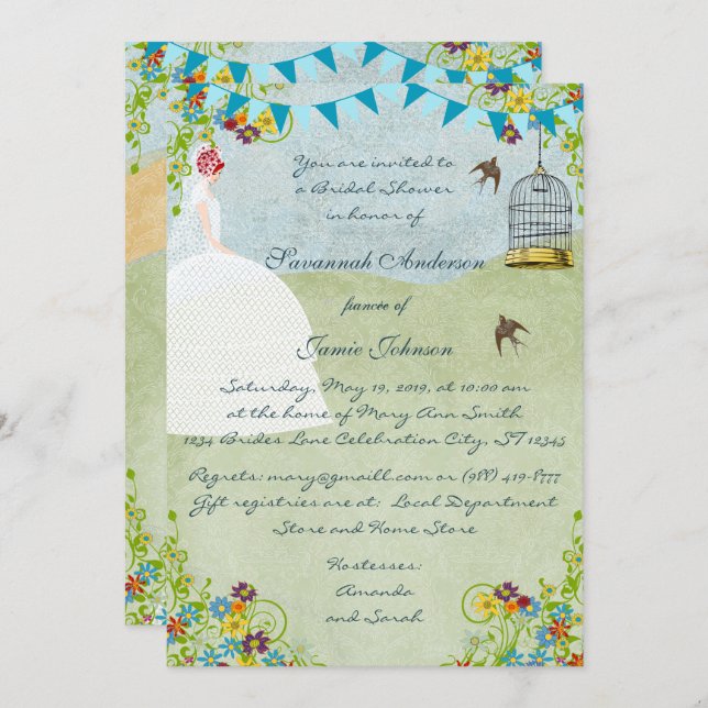 Red Head Bridal Shower Birdcage Bunting Invite (Front/Back)
