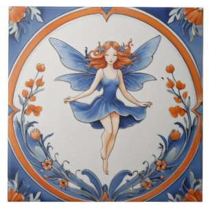 Red Head Fairy in Nature Blue & Orange Floral Tile