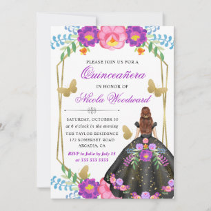 Red Head in Mexican Floral Dress Quinceañera Invitation