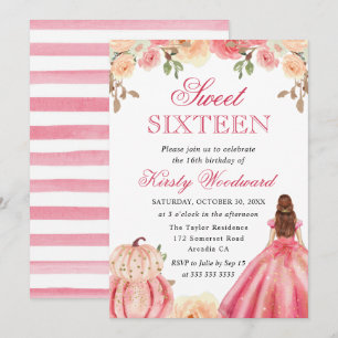 Red Head in Pink Dress Floral Pumpkins Sweet 16 Invitation