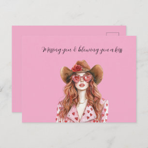 Red Head Lady Cowgirl Hearts Blowing You A Kiss Postcard