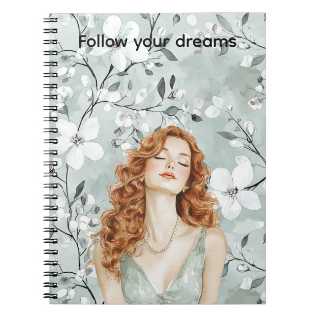 Red Head Lady Mint Dress Floral Notebook (Front)
