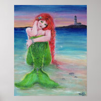 Red head mermaid on the beach with lighthouse